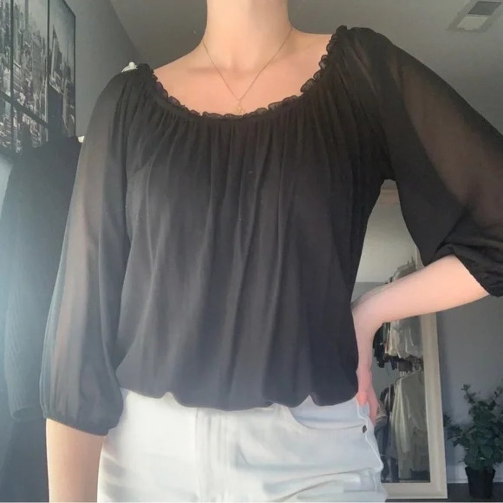 WHBM Gorgeous Black Blouse with Mesh 3/4 Length Sleeves - Size S